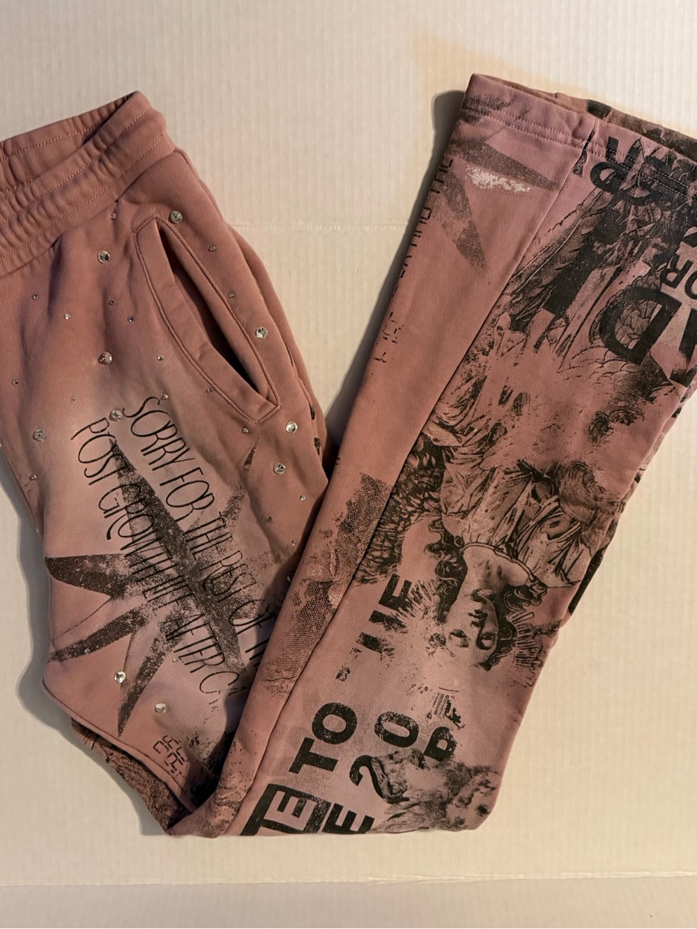 Rare Peace "All Over Angel" Washed French Terry Stacked Joggers in Dust Pink S